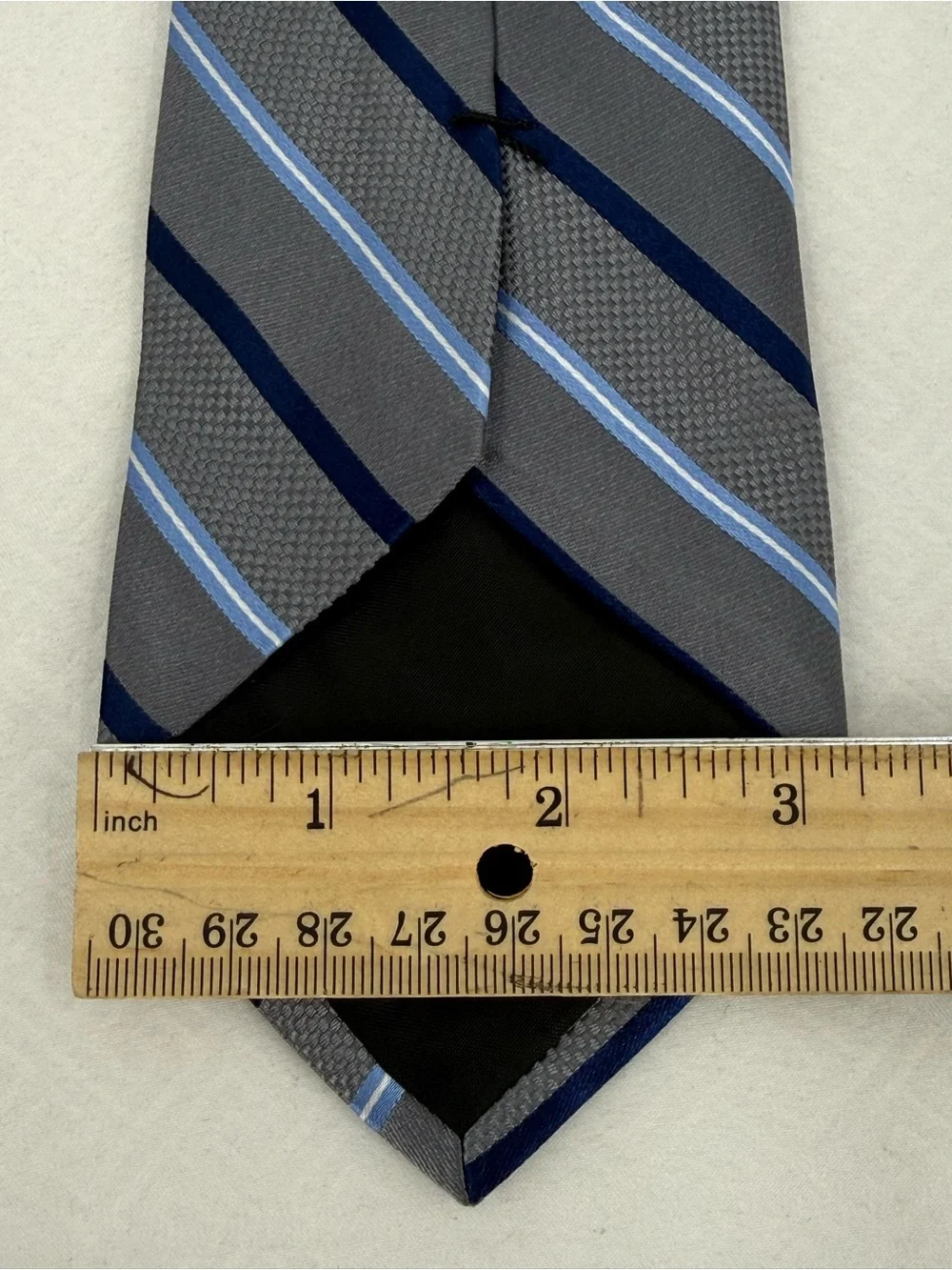 Stafford Gray Tie with Navy and Light Blue Stripes